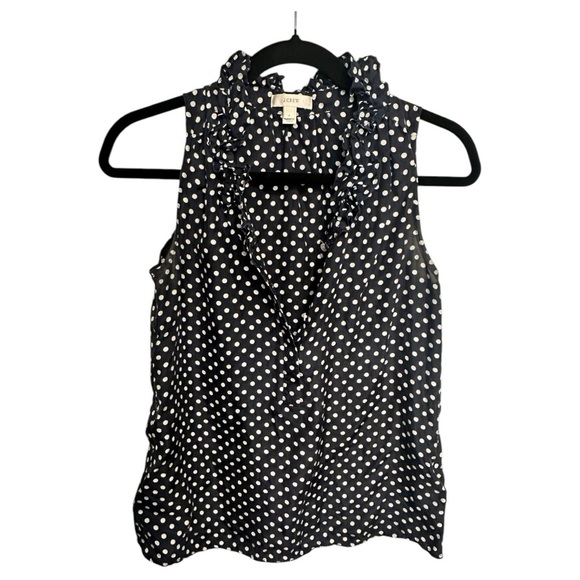 J. Crew 100% Silk Navy Polka Dot Women's Ruffle Sleeveless Top, sz 2 - Picture 3 of 6